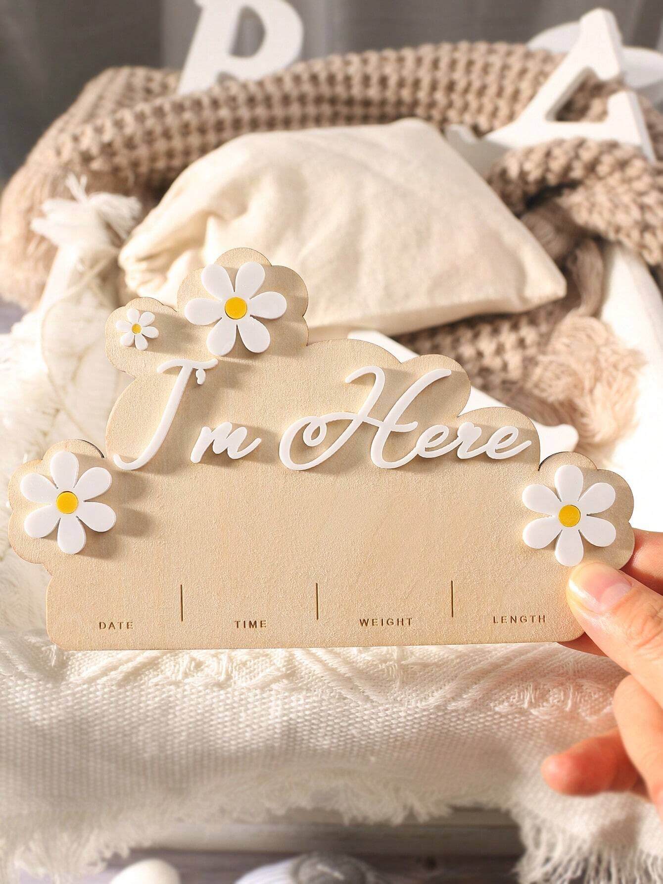 I'm Here, Wooden Birth Announcement Board with Acrylic Decoration