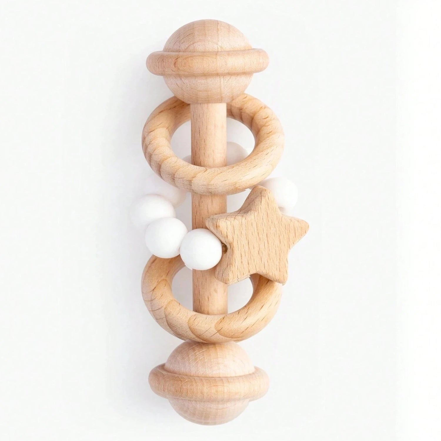 Wooden Star Rattle with silicone teething beads.
